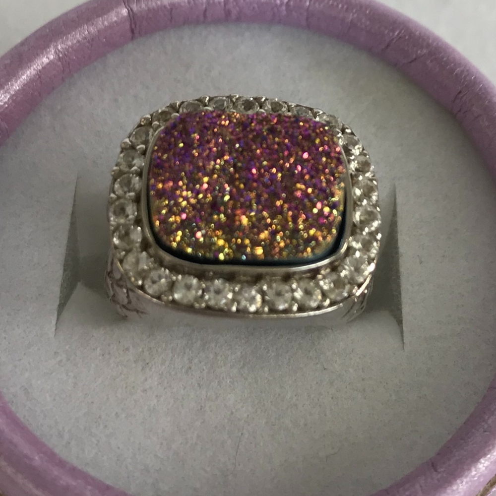 NEW! Pink Druzy w/Swarovski set in 925 - Size 6